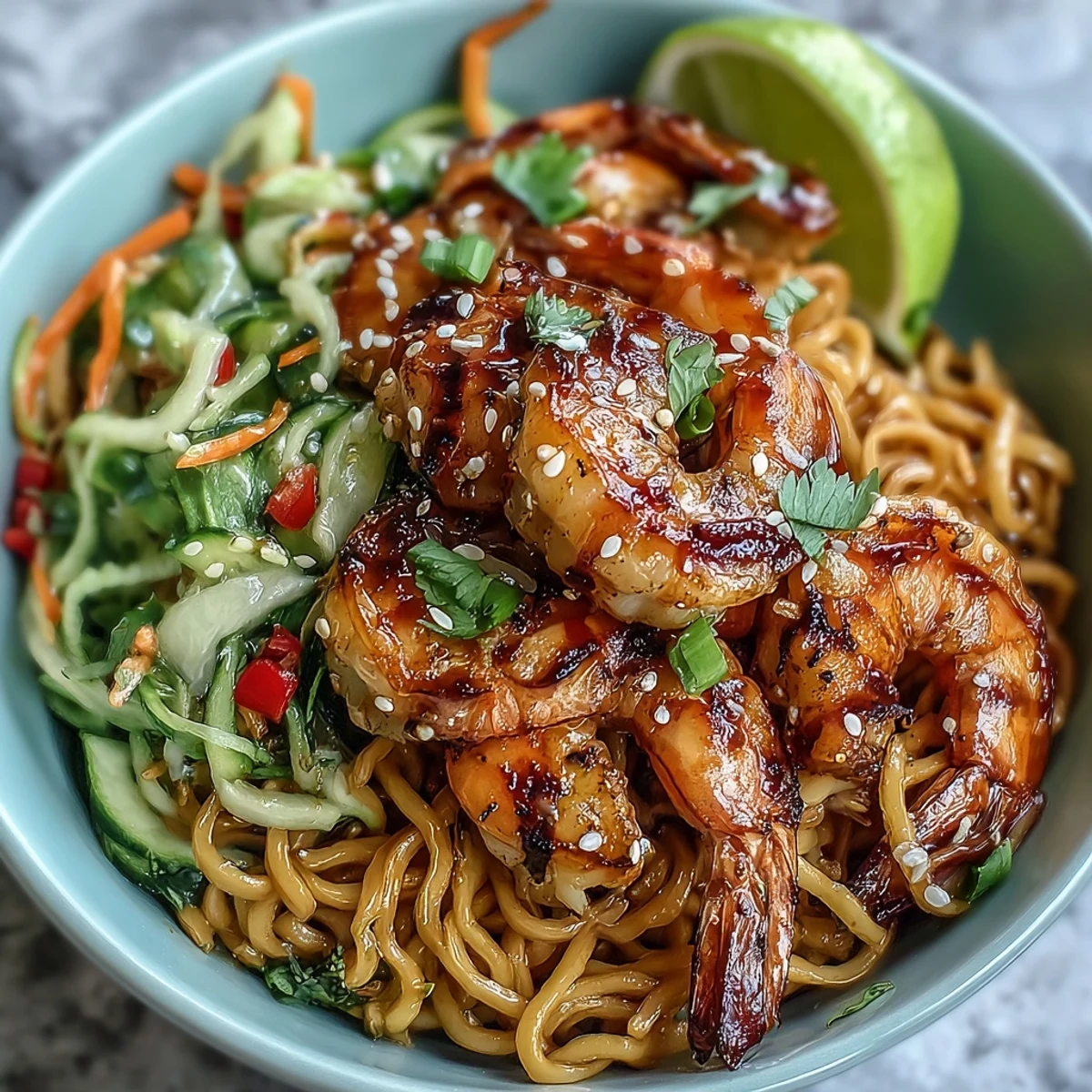 Close-up of 15-Minute Asian Noodle Bowl With Grilled Shrimp, highlighting charred shrimp and fresh toppings on noodles tossed in savory sauce.