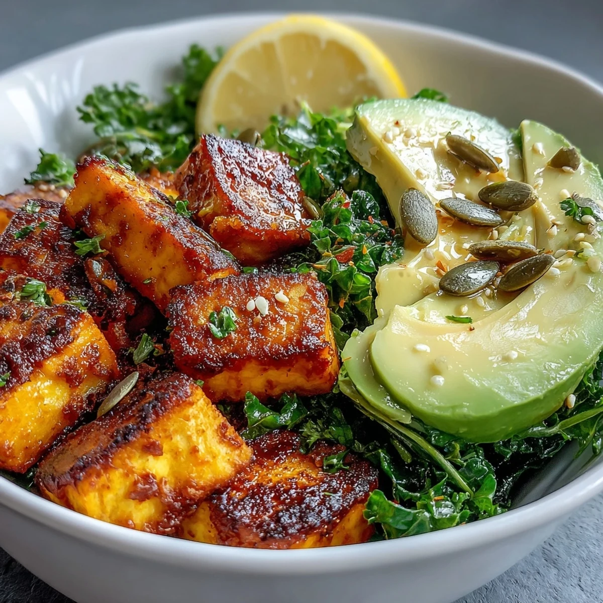 Colorful vegan Tofu Breakfast Bowl topped with green onions and pumpkin seeds, served in a white ceramic bowl.