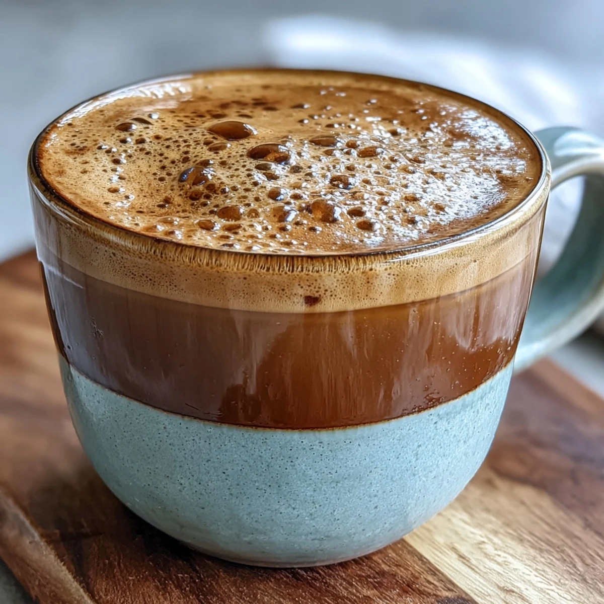 Steaming Hojicha Macchiato with frothy milk foam in a white ceramic cup on a cozy wooden table.