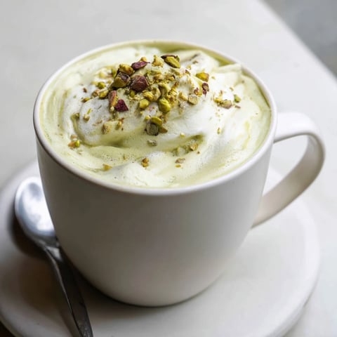 Creamy pistachio milk latte topped with crushed nuts for a delightful finish.