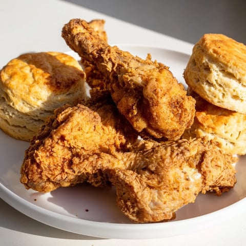 Golden, crispy Southern Fried Chicken with Buttermilk Biscuits, steaming and ready for a savory Southern feast.