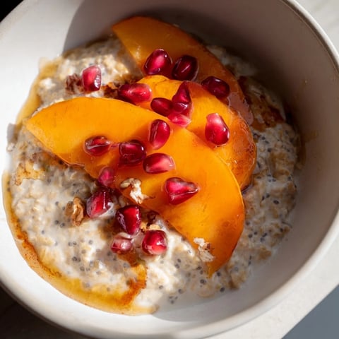 Creamy Overnight Oats with persimmon, a colorful breakfast topped with juicy pomegranate seeds and chia.