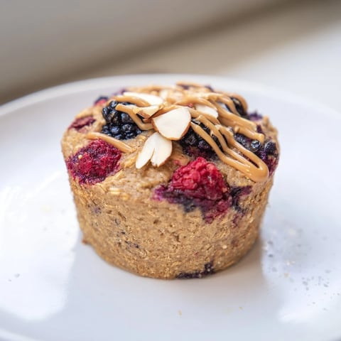 Golden-brown Baked Oatmeal Cups packed with winter berries and drizzled almond butter, ready to eat.