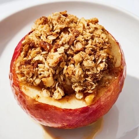 Golden, bubbly Baked Apples with Oat-Nut Crumble ready to serve, a warm and comforting dessert.