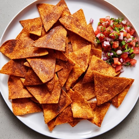 Golden, crispy air-fryer tortilla chips piled next to vibrant, chunky homemade salsa ready to enjoy.