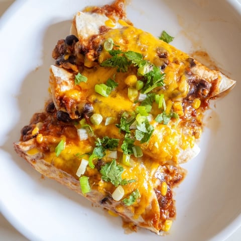 Warm, cheesy bean enchiladas bubbling in a baking dish, ready to be enjoyed as a hearty meal.
