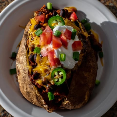 Golden-brown Loaded Baked Potato with chili, cheese, and vibrant green onions ready to eat.