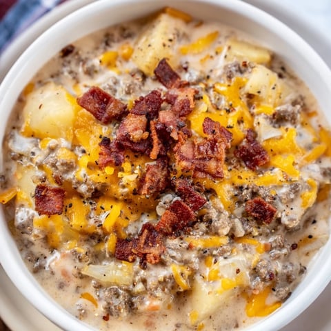 Crockpot Cheeseburger Soup: A creamy, hearty bowl with melted cheddar, beef, and crispy bacon topping.