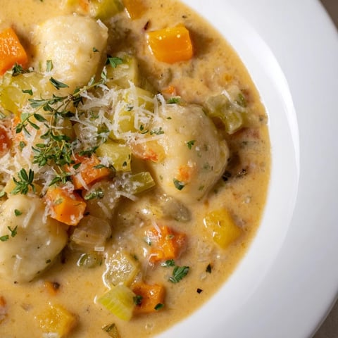 Close-up of Savory Butternut Squash Gnocchi Soup, showcasing the creamy broth and fluffy gnocchi.