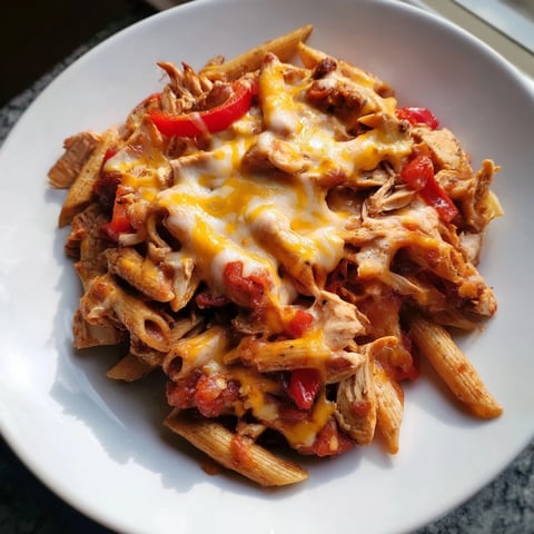 Creamy, bubbling Baked Salsa Chicken Pasta, topped with melted cheese, ready to serve and enjoy.