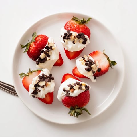 Yogurt-dipped strawberry halves sit, frozen, glistening with creamy yogurt and optional toppings.