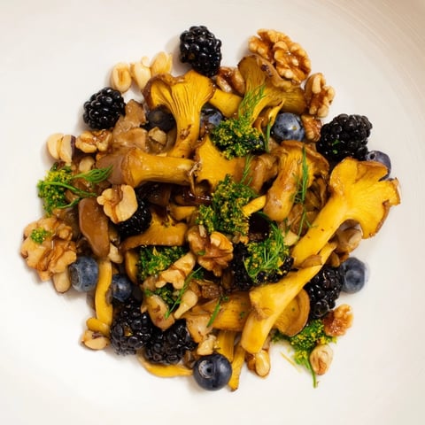 A vividly arranged Northwest Forest Forager salad of earthy mushrooms, berries, and toasted nuts with herb moss.