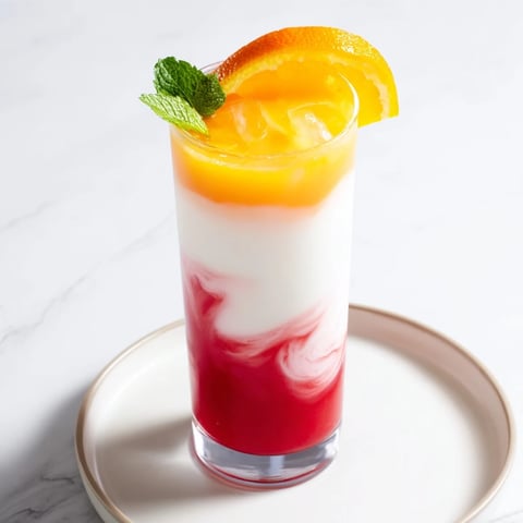 Alpine Sunrise mocktail: layered white coconut base topped with vibrant orange and red sunrise hues.