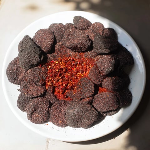 Volcanic Flow appetizer: Black, crispy crackers encircle a vibrant red jelly "lava" dip, ready to be enjoyed.