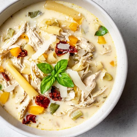 Creamy Marry Me Chicken Soup with tender chicken and ditalini pasta, ready to enjoy.