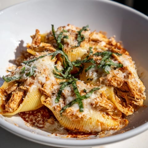 Golden-baked Marry Me Chicken Stuffed Shells, creamy ricotta filling bubbling under a rich, savory sauce.