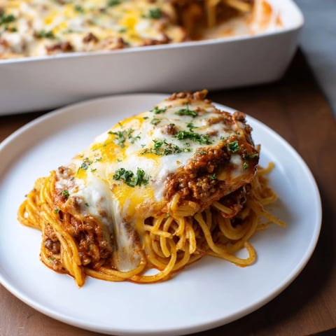 A bubbling, cheesy Tini's Baked Spaghetti casserole with a savory meat sauce and golden topping.