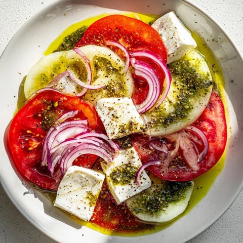Summer Tomato Salad with fresh mozzarella, drizzled with basil oil, a colorful, refreshing salad.