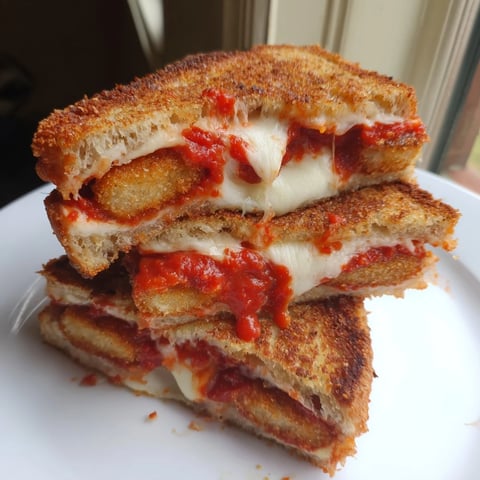Golden-brown mozzarella stick grilled cheese oozes melted cheese, ready for dipping into marinara.