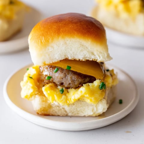 Golden brown mini breakfast sliders, oozing melted cheese and savory sausage, ready to devour immediately!