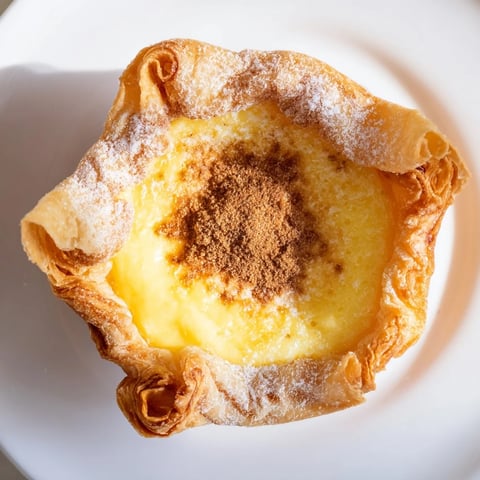 Golden, flaky crust cradling warm custard, these Portuguese egg tarts dusted with cinnamon look divine.