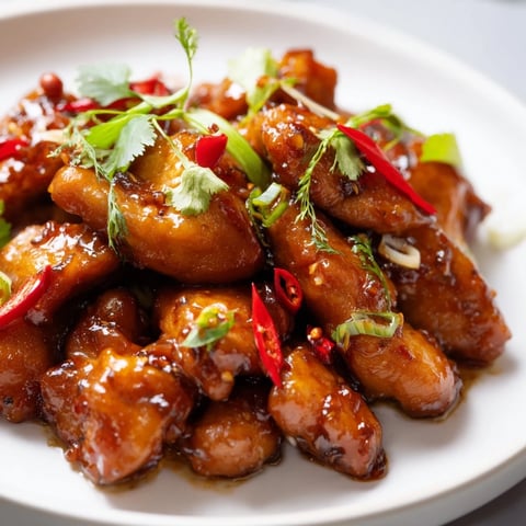 Glossy Vietnamese Caramel Chicken glistens, topped with green onions, ready to serve with fragrant rice.