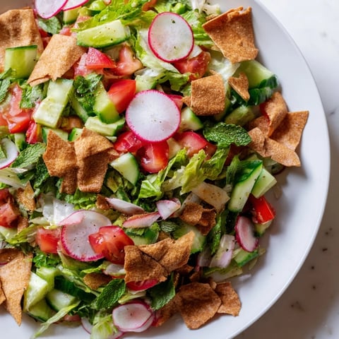 A colorful, refreshing Lebanese Fattoush Salad, featuring crispy pita and vibrant vegetables.