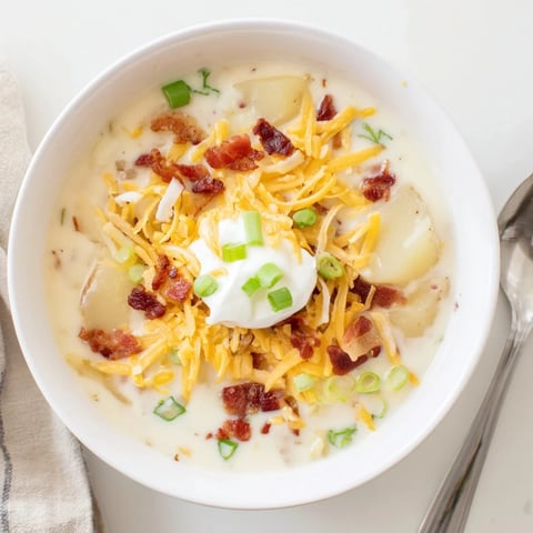 Creamy loaded baked potato soup with crispy bacon crumbles, sharp cheddar, and fresh green onions in a cozy bowl.