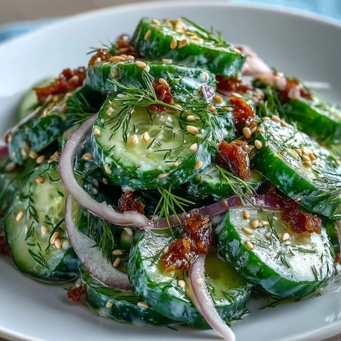 Refreshed and chilled, the Crunchy Cucumber Salad features thin slices in a bright vinegar dressing.