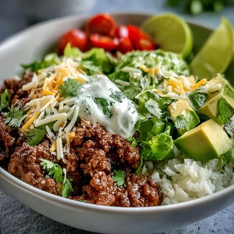 Seasoned ground beef and cauliflower rice create a low carb burrito bowl with creamy avocado, sharp cheddar, and fresh cilantro.