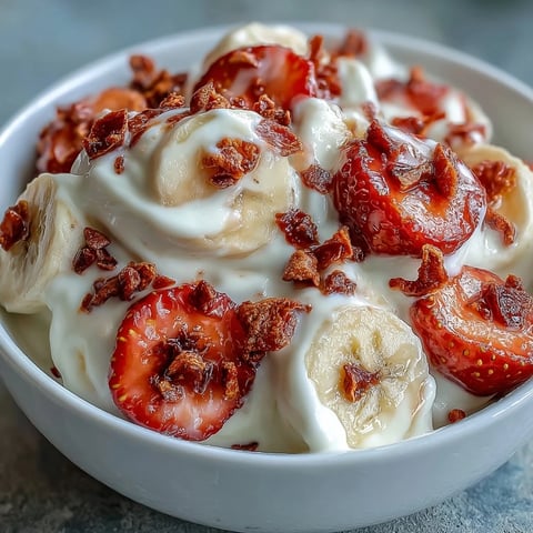 Frozen Strawberry & Banana Yoghurt Clusters on a tray, topped with crisp fruit chips and a sweet honey drizzle. 