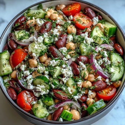 Freshly prepared Greek Bean Salad with lemon-marinated beans, crisp cucumbers, juicy tomatoes, and crumbled feta cheese ready to serve.