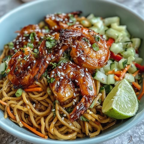 15-Minute Asian Noodle Bowl With Grilled Shrimp featuring succulent shrimp and vibrant veggies on sesame noodles, served with lime for a quick weeknight meal.