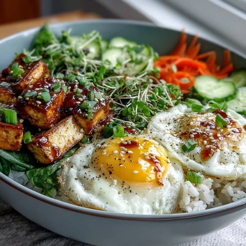 Freshly halved jammy eggs and golden tofu sit atop warm jasmine rice with vibrant greens in a Tofu Jammy Egg Breakfast Bowl.