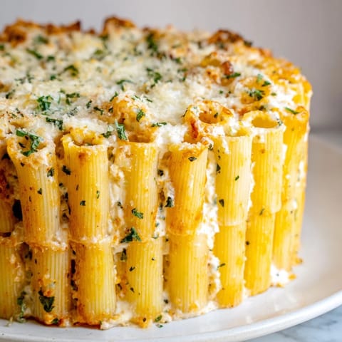 Delicious Honeycomb Pasta Cake topped with gooey melted cheese and fresh parsley garnish.  