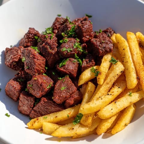 Sizzling Blackened Cajun steak bites served alongside crispy fries, a delightful American comfort food meal.