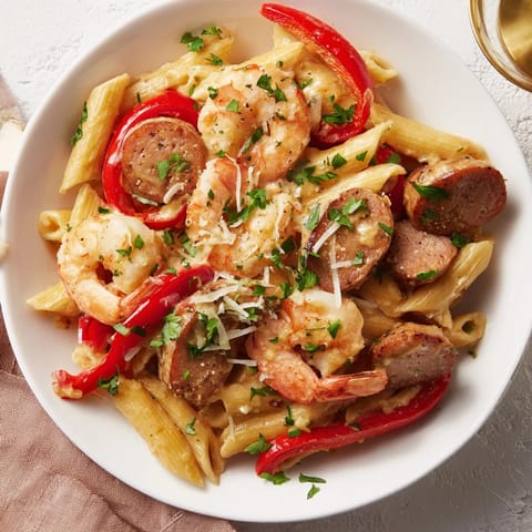 Sizzling Cajun Sausage & Shrimp Alfredo Pasta in a skillet, garnished with fresh parsley and ready to eat.