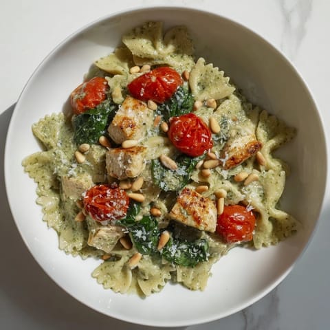 Tender chicken and colorful tomatoes atop a bed of pesto chicken bowtie pasta.