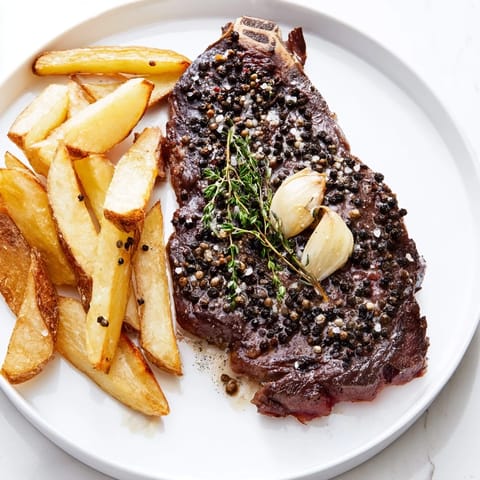 The juicy Classic Peppercorn Ribeye is plated with golden fries, a true steakhouse delight.