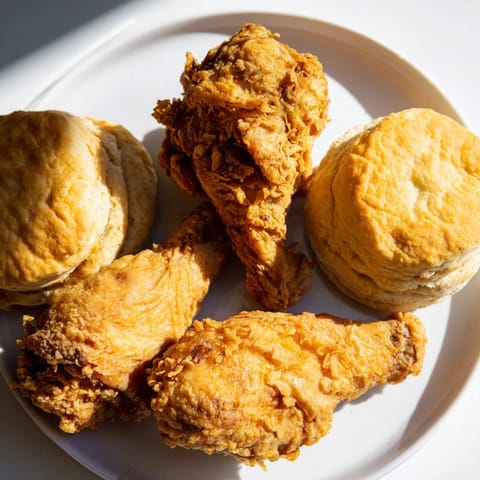 A close-up view of perfectly fried Southern Fried Chicken, served with warm, fluffy buttermilk biscuits.