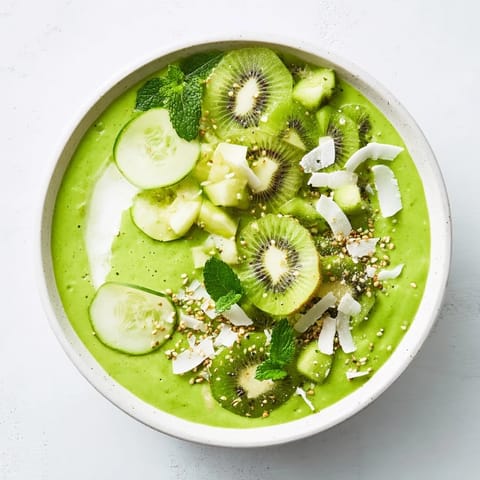 A vibrant green Smoothie Bowl with kale, cucumber and kiwi, offering a refreshing vegan breakfast.
