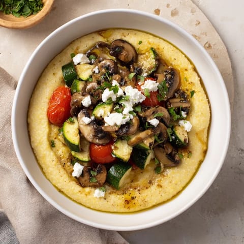 Golden-yellow Cornmeal Mush Polenta Bowls, comforting and topped with sauteed mushrooms for a hearty meal idea.