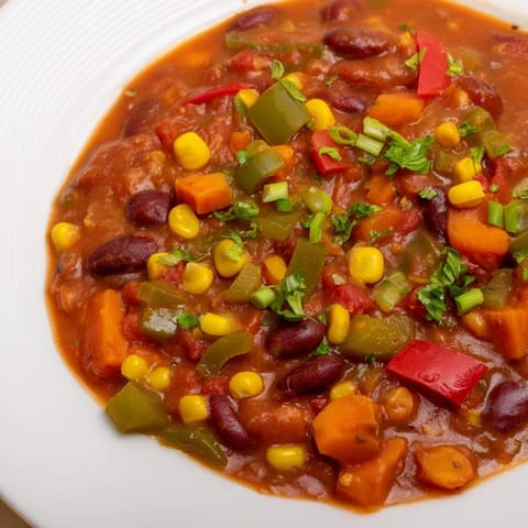 A vibrant bowl of hearty Veggie Chili, perfect for a cozy, flavorful, vegan dinner.