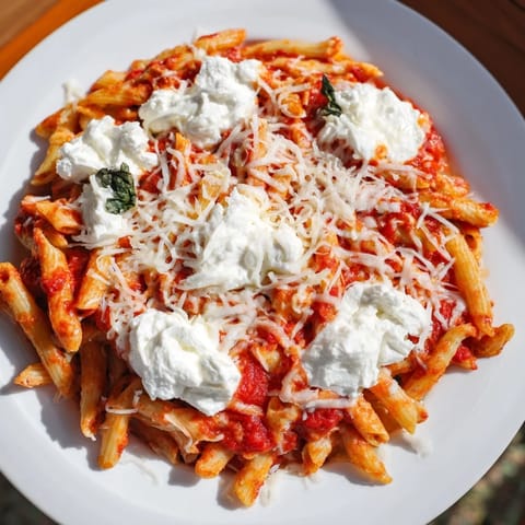 A close-up of a bubbling slow cooker full of cheesy, savory Slow Cooker Baked Ziti.