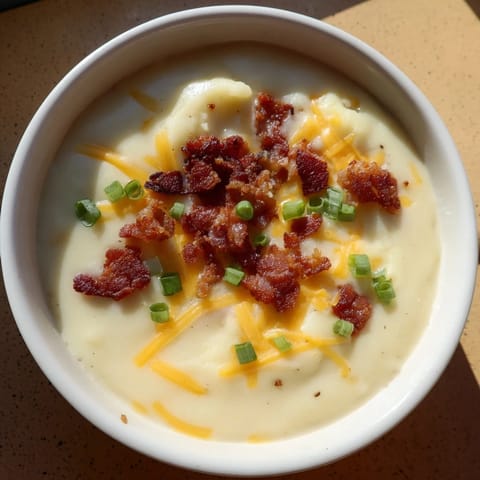 A steaming bowl of Crockpot Loaded Baked Potato Soup, topped with cheddar and fresh green onions galore.