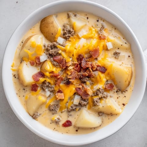 Smoky bacon and rich cheese flavor a slow cooker Crockpot Cheeseburger Soup, ready to warm any appetite.