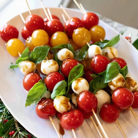 Vibrant Easy Christmas Tree Caprese Skewers: a festive appetizer with balsamic glaze and mozzarella, perfect for entertaining.