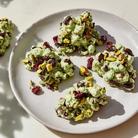 These beautiful Matcha White Chocolate Cranberry Bark Clusters offer a delightful blend of flavors and textures, ready to enjoy.