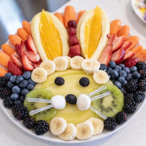 This healthy and colorful Bunny Face Fruit Salad features juicy berries and sweet fruit that's fun for kids.