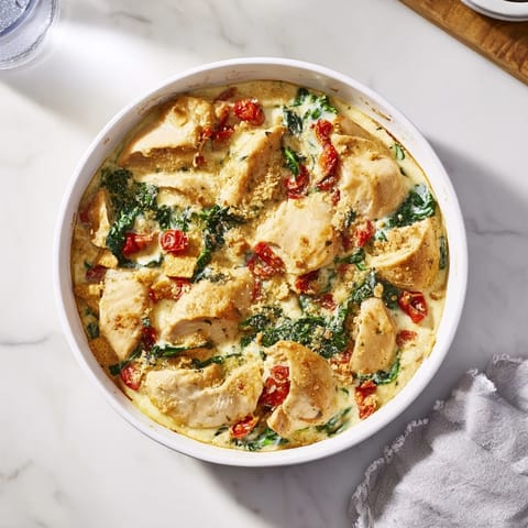 This homemade Marry Me Chicken Casserole shows juicy chicken and sun-dried tomatoes in a rich sauce.